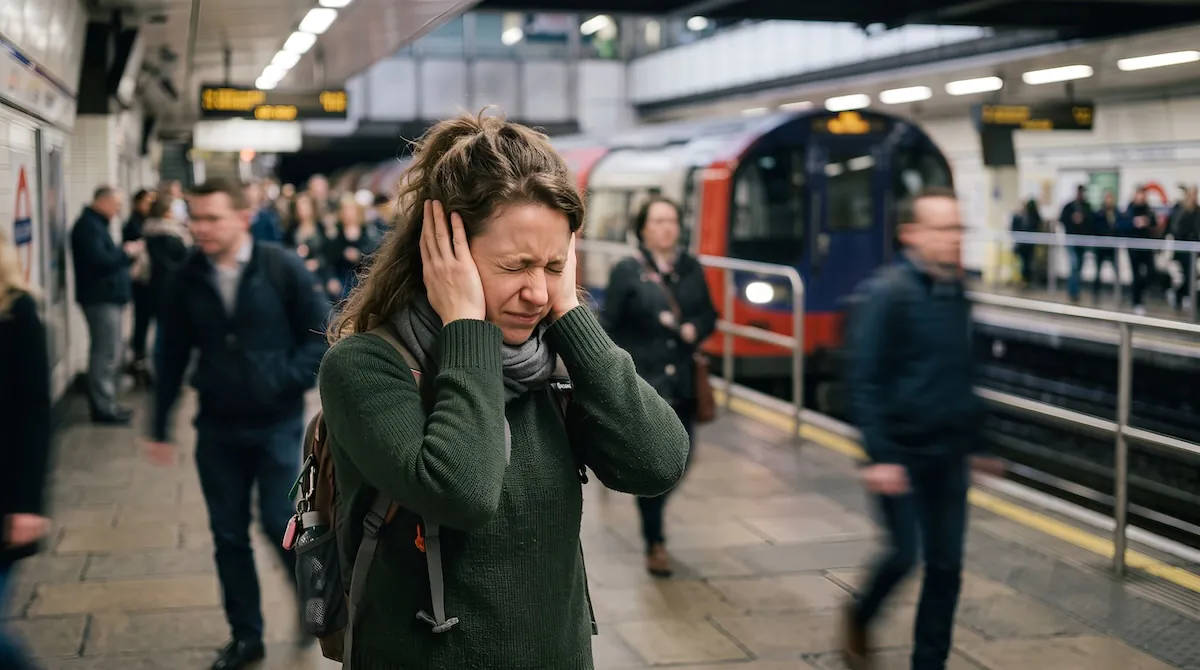 Woman holding her ears in pain on a busy underground platform